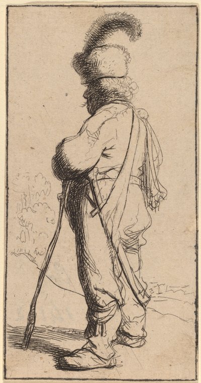 Poolse man leunend op een stok door Rembrandt van Rijn