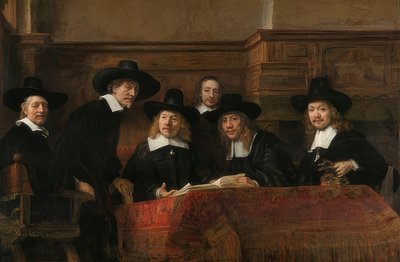 Portret van de voorzitters van het lakenmakersgilde in Amsterdam door Rembrandt van Rijn