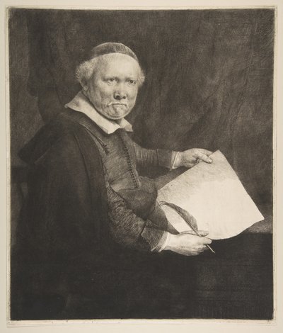 Portret van Lieven Willemsz van Coppenol, Schrijfmeester de grotere plaat door Rembrandt van Rijn