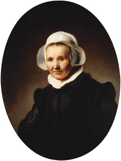 Portret van een Dame, 62 jaar, mogelijk Aeltje Pietersdr. Uylenburgh, vrouw van Johannes Cornelisz. Sylvius, halve lengte in zwart kostuum door Rembrandt van Rijn