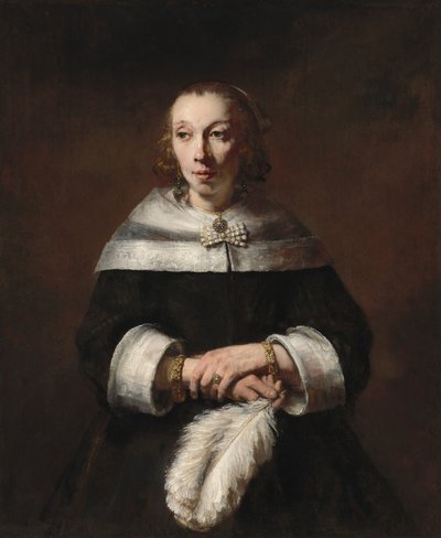 Portret van een dame met een struisvogelveren waaier, ca. 1656-1658 door Rembrandt van Rijn