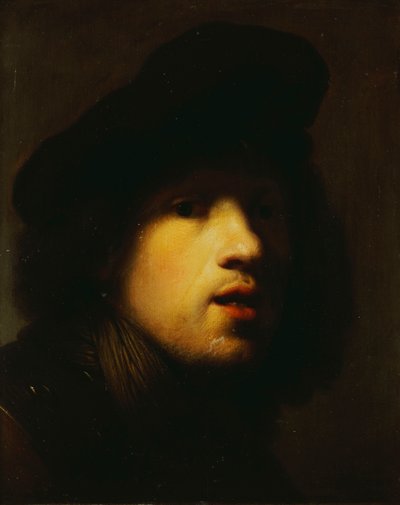 Portret van de kunstenaar, hoofd en schouders, in een zwarte baret en een gorget door Rembrandt van Rijn