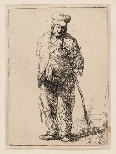 Haveloze boer met zijn handen achter zijn rug, een stok vasthoudend door Rembrandt van Rijn