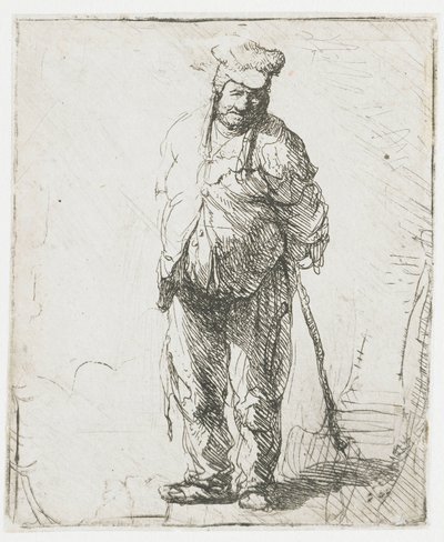 Een haveloze boer met zijn handen achter zijn rug, die een stok vasthoudt door Rembrandt van Rijn