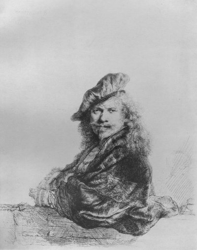 Rembrandt leunend op een stenen vensterbank door Rembrandt van Rijn