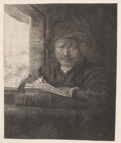 Rembrandt tekent bij een raam door Rembrandt van Rijn