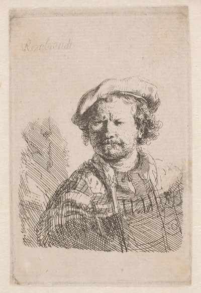 Rembrandt met een platte pet en een sjaal om zijn schouders door Rembrandt van Rijn