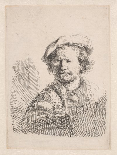 Rembrandt met een platte pet en een sjaal om zijn schouders door Rembrandt van Rijn