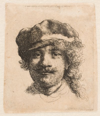 Rembrandt met een zachte muts op: vooraanzicht: alleen het hoofd door Rembrandt van Rijn
