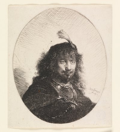 Rembrandt met gevederde hoed en neergelaten sabel door Rembrandt van Rijn