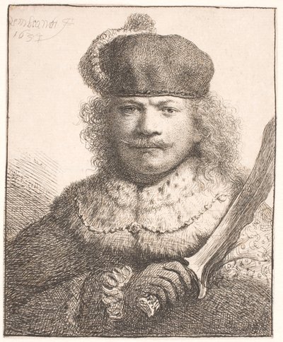 Rembrandt met opgeheven sabel: halflang portret door Rembrandt van Rijn