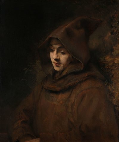 Rembrandts Zoon Titus in een Monnikspij (detail) door Rembrandt van Rijn