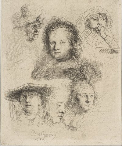 Rembrandts Vrouw en Vijf Andere Hoofden, 1636 door Rembrandt van Rijn