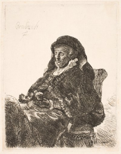 Rembrandts moeder in weduwekleding en zwarte handschoenen door Rembrandt van Rijn