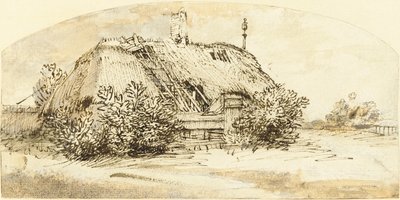 Vervallen rieten huisje overwoekerd met struiken door Rembrandt van Rijn
