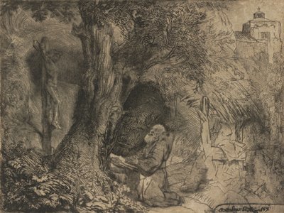 Sint Franciscus biddend onder een boom door Rembrandt van Rijn