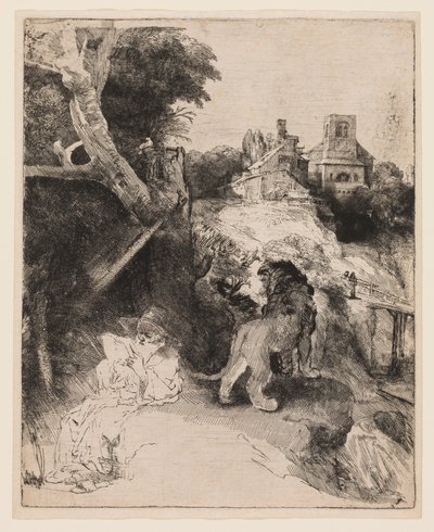 St. Hiëronymus lezend in een Italiaans landschap door Rembrandt van Rijn