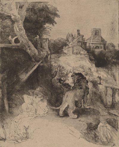 Sint Hiëronymus lezend in een Italiaans landschap, ca. 1653 door Rembrandt van Rijn