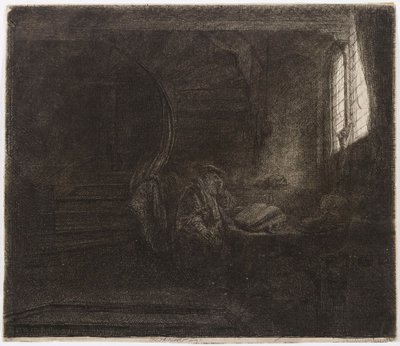 De heilige Hiëronymus in een donkere kamer door Rembrandt van Rijn