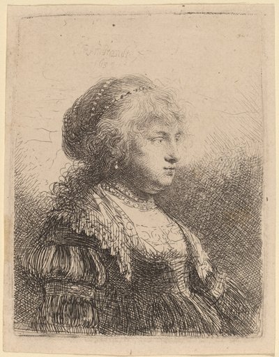 Saskia met Parels in Haar Haar door Rembrandt van Rijn