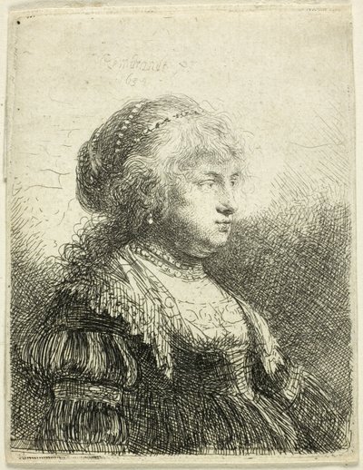 Saskia met parels in haar haar door Rembrandt van Rijn