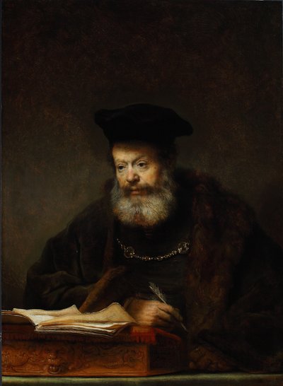 Geleerde aan zijn schrijftafel door Rembrandt van Rijn