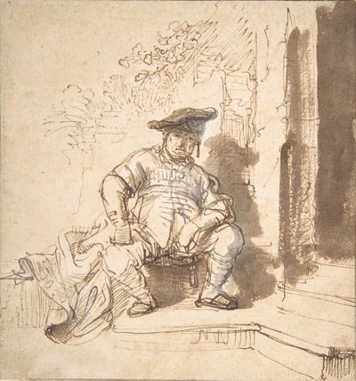 Zittende Man met Platte Pet, 1635-40 door Rembrandt van Rijn