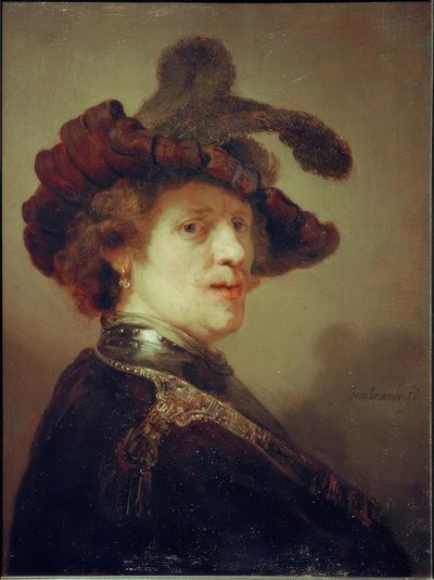 Zelfportret met verenhoed door Rembrandt van Rijn