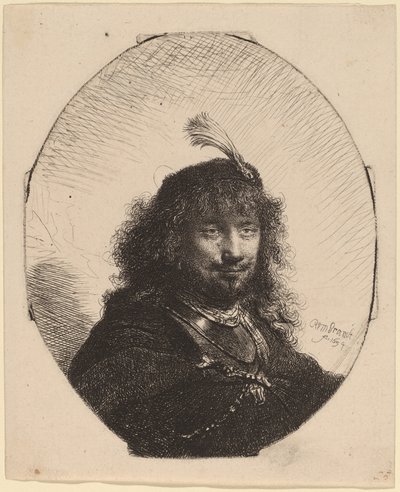 Zelfportret (?) met Gevederde Hoed en Neergelaten Sabel door Rembrandt van Rijn