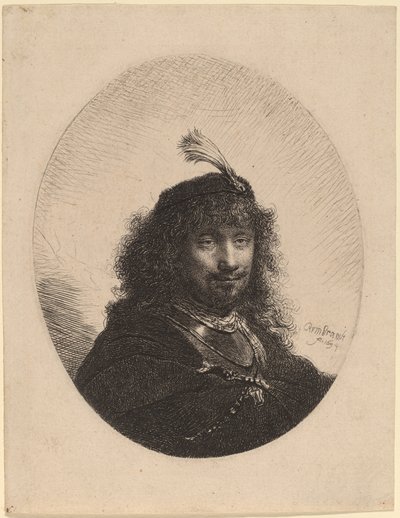 Zelfportret (?) met Gevederde Hoed en Neergelaten Sabel door Rembrandt van Rijn