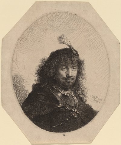 Zelfportret (?) met Gevederde Hoed en Neergelaten Sabel door Rembrandt van Rijn