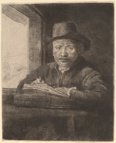Zelfportret tekenen bij een raam door Rembrandt van Rijn