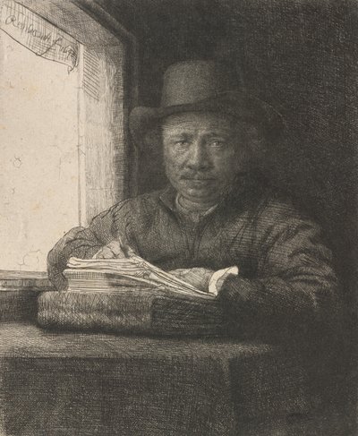 Zelfportret tekenen bij een raam door Rembrandt van Rijn