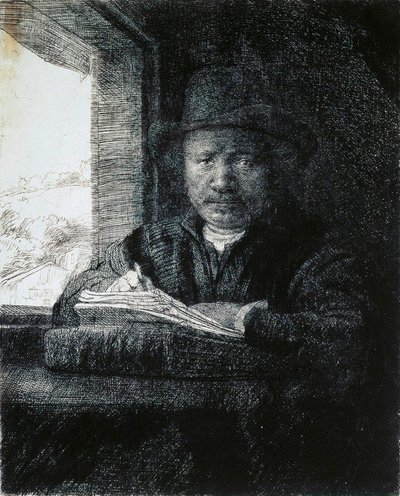 Zelfportret tekenen bij een raam, 1648 door Rembrandt van Rijn