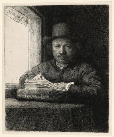 Zelfportret ets bij een raam door Rembrandt van Rijn