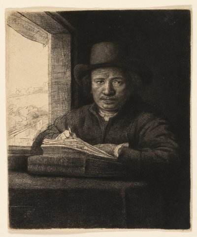Zelfportret Etsen bij een Raam door Rembrandt van Rijn