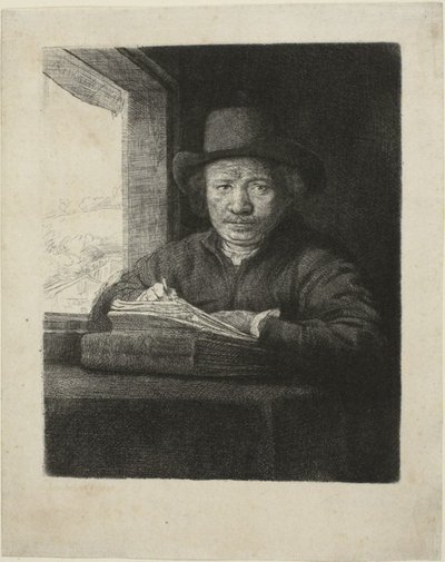 Zelfportret Ets bij een Raam door Rembrandt van Rijn