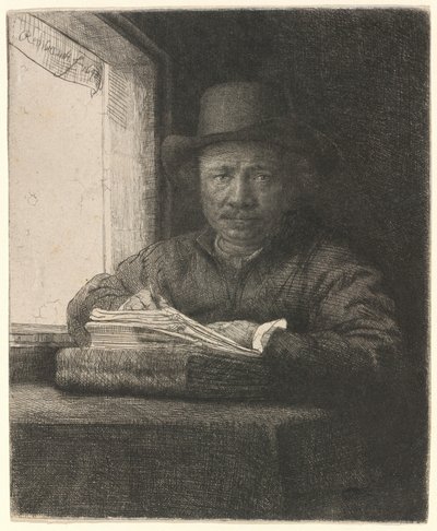 Zelfportret: ets bij een raam door Rembrandt van Rijn