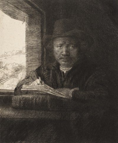 Zelfportret ets bij een raam door Rembrandt van Rijn