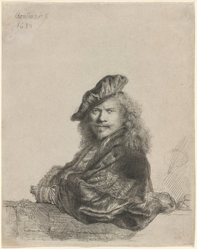 Zelfportret leunend op een stenen vensterbank door Rembrandt van Rijn