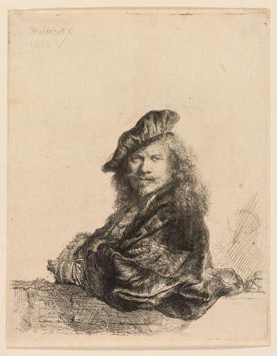Zelfportret leunend op een stenen vensterbank door Rembrandt van Rijn