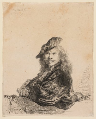Zelfportret leunend op een stenen vensterbank door Rembrandt van Rijn