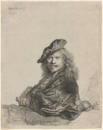 Zelfportret, leunend op een stenen vensterbank door Rembrandt van Rijn