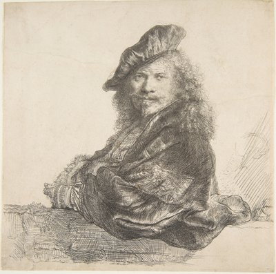 Zelfportret, Leunend op een Stenen Muur door Rembrandt van Rijn