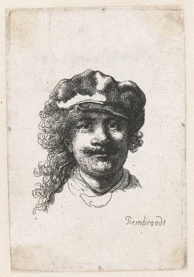 Zelfportret met een zachte pet: volledig gezicht, alleen hoofd door Rembrandt van Rijn