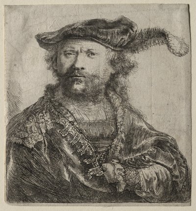 Zelfportret in Fluwelen Muts met Pluim door Rembrandt van Rijn