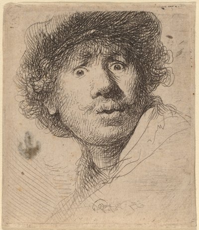Zelfportret met een Pet, Mond Open door Rembrandt van Rijn