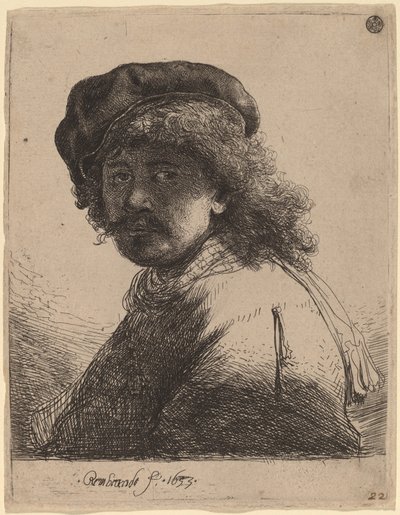Zelfportret met een Muts en Sjaal met Donker Gezicht door Rembrandt van Rijn