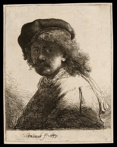 Zelfportret met een pet en sjaal met donker gezicht: buste door Rembrandt van Rijn
