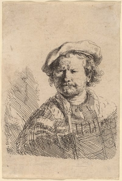 Zelfportret met een platte pet en geborduurde jurk door Rembrandt van Rijn
